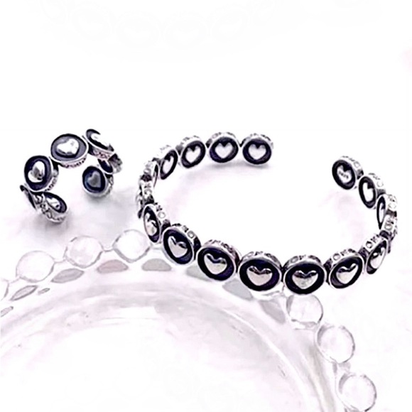 Heart Design Sterling Silver Bangle Cuff Bracelet Matching Ring Set - Picture 3 of 6